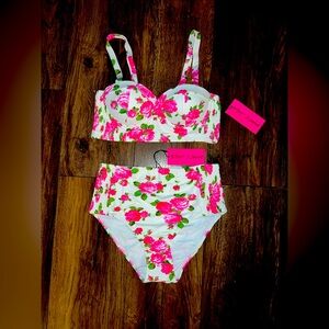 NWT Betsey Johnson Size SMALL 2PC Corset Bikini With Side Smocking.